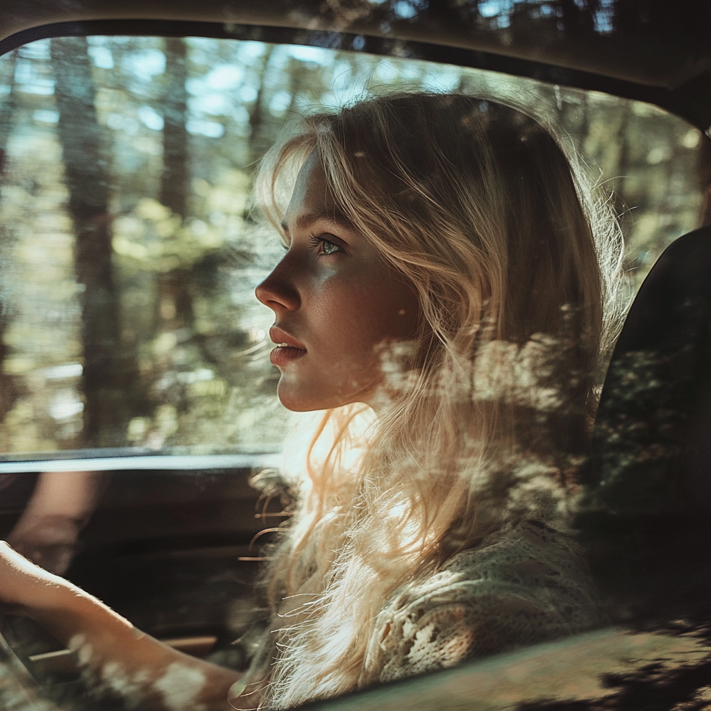 Une femme triste qui conduit dans les bois | Source : Midjouney