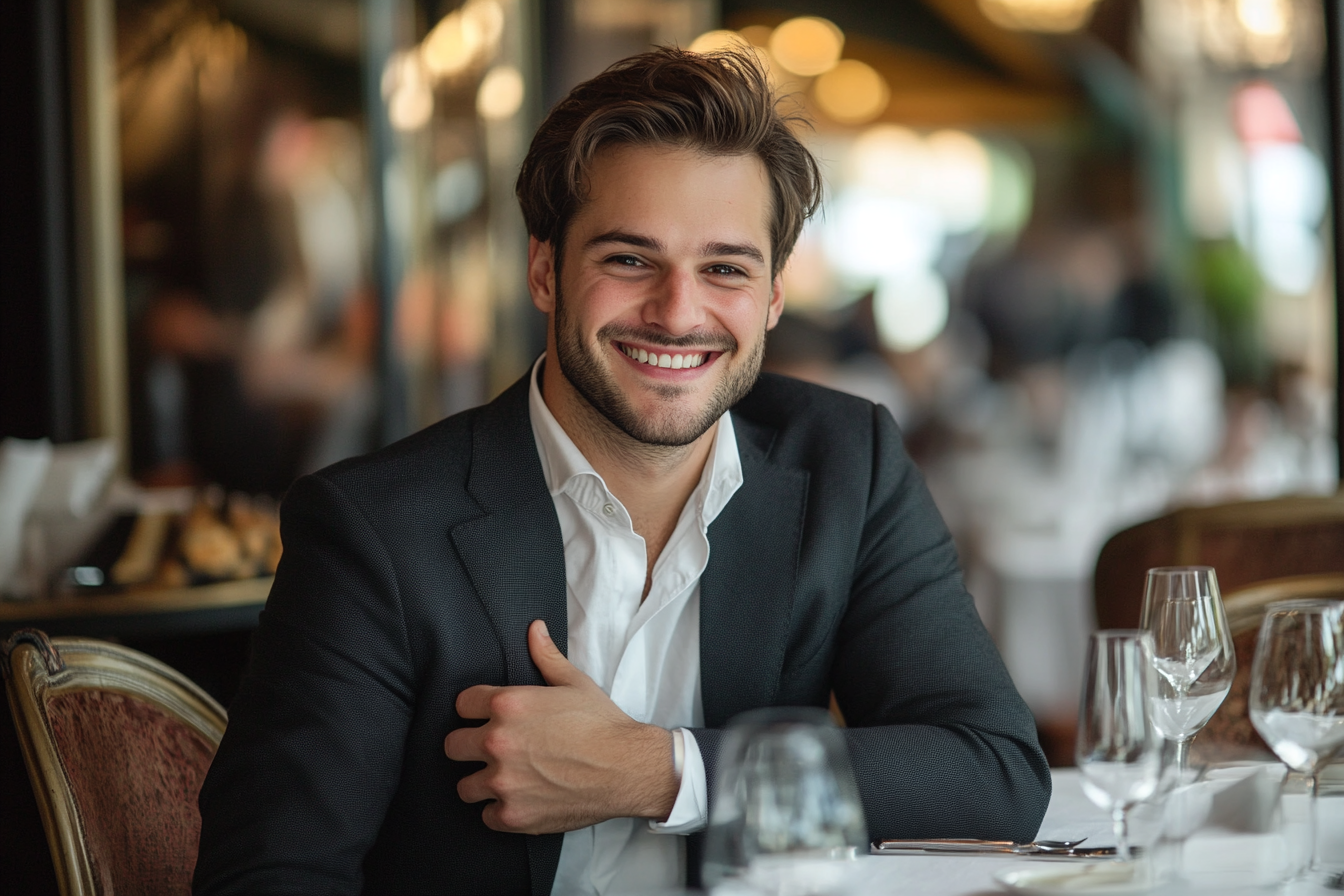 Un homme dans un restaurant reposant une main contre sa poitrine | Source : Midjourney