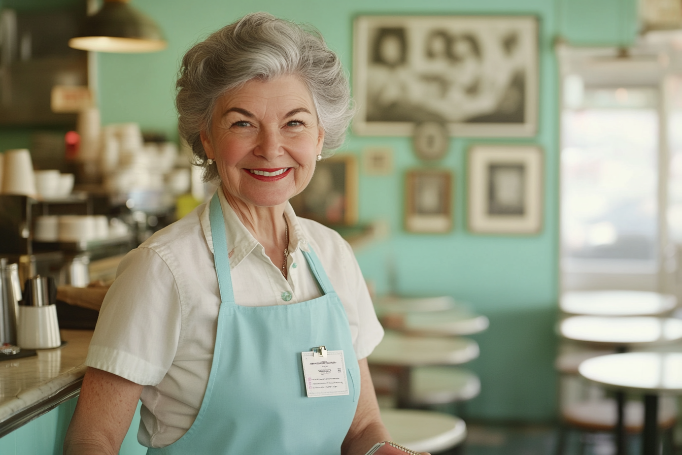 Femme d'une cinquantaine d'années portant un uniforme de serveuse dans un café, souriant et tenant un bloc-notes | Source : Midjourney