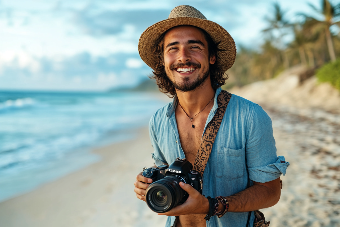 Un homme souriant tenant un appareil photo sur la plage | Source : Midjourney