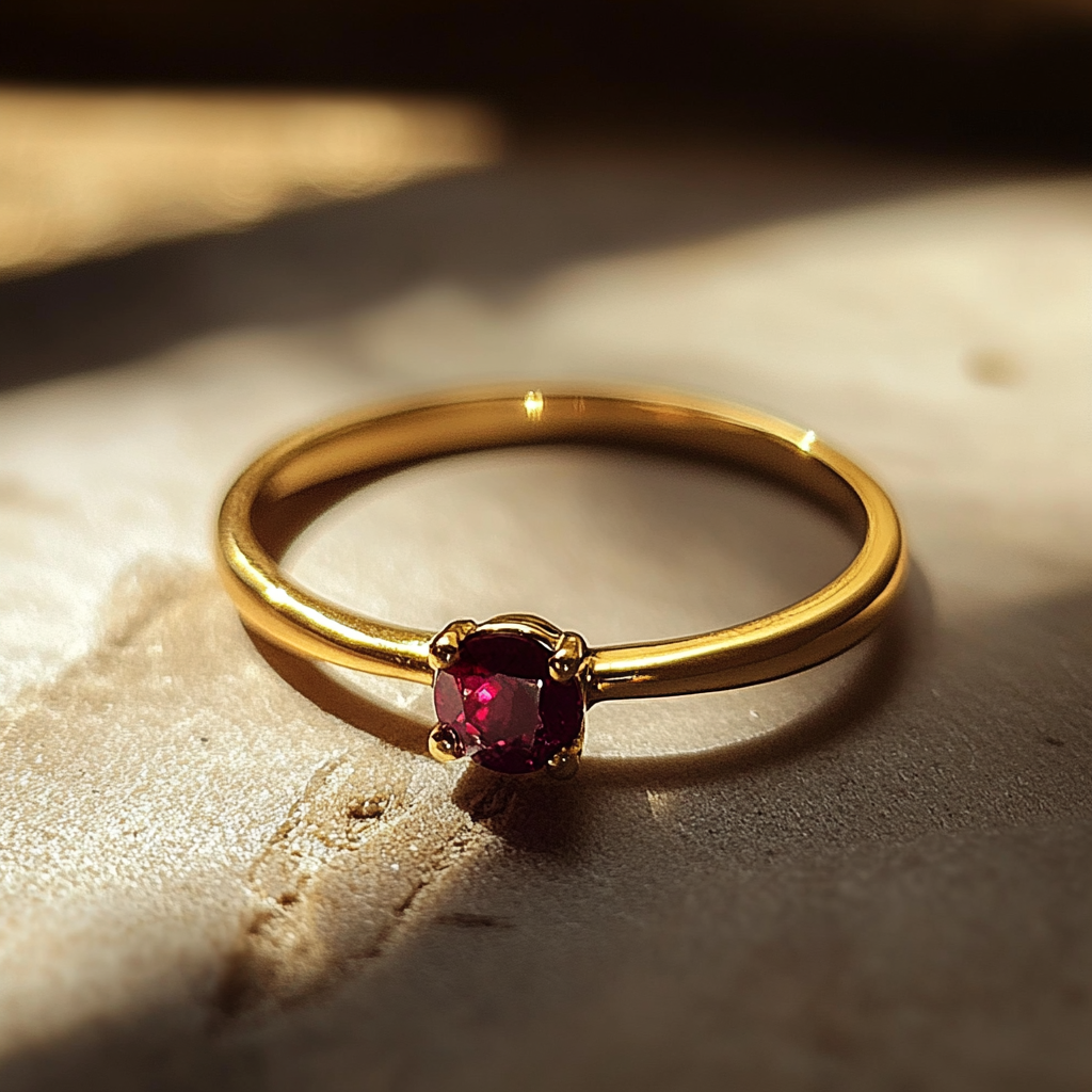 Gros plan sur une bague en or ornée d'un rubis | Source : Midjourney