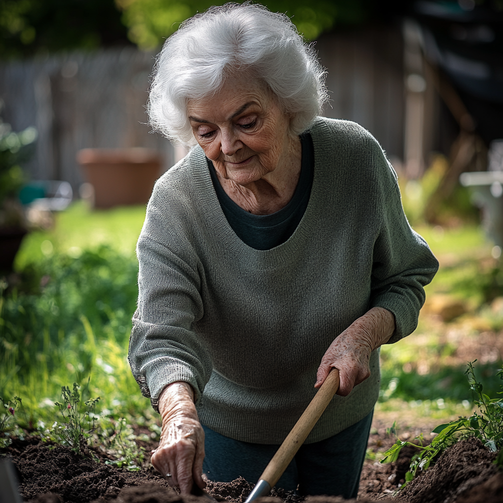 Une femme âgée qui creuse avec une bêche dans son jardin | Source : Midjourney