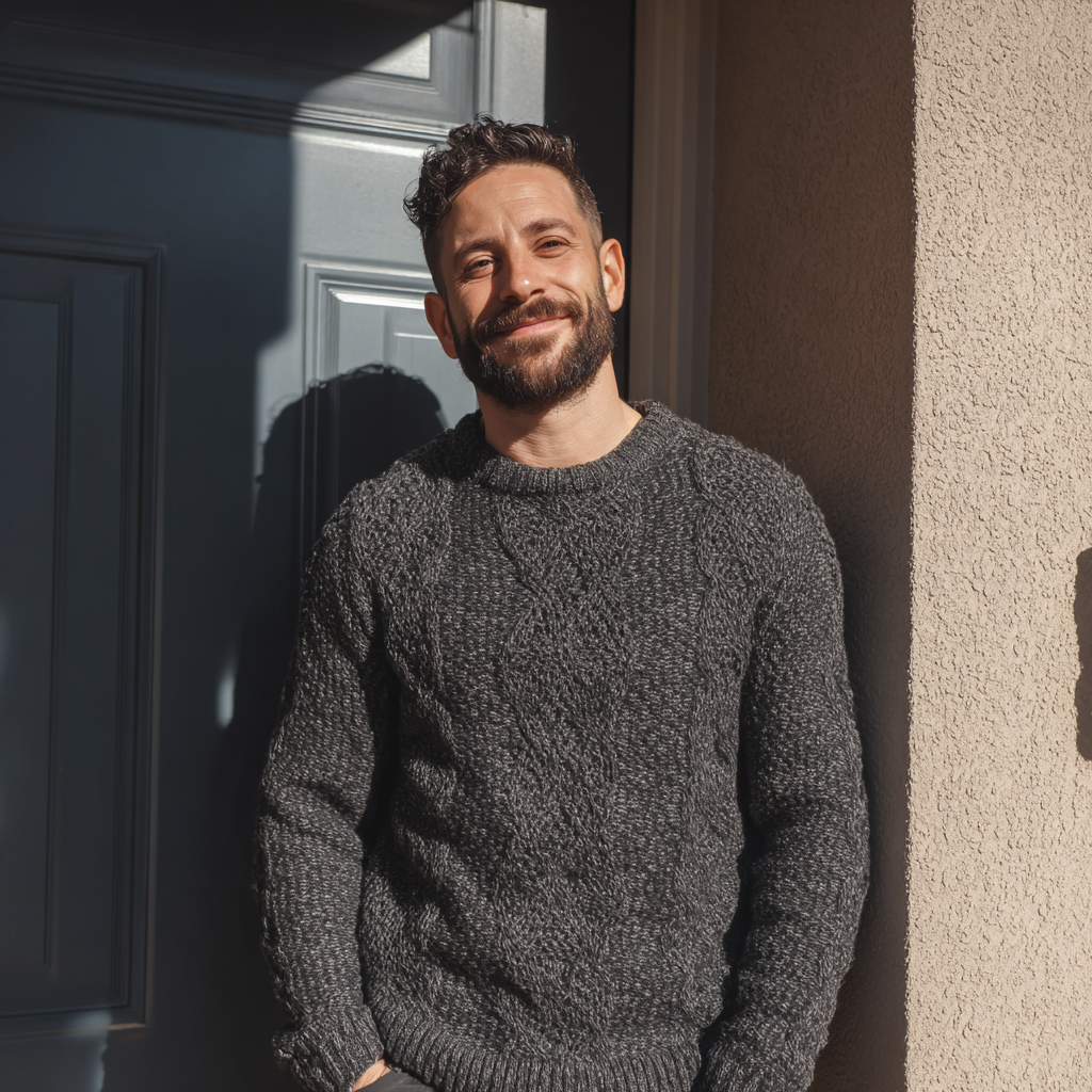 Un homme souriant se tenant devant la porte d'un appartement | Source : Midjourney