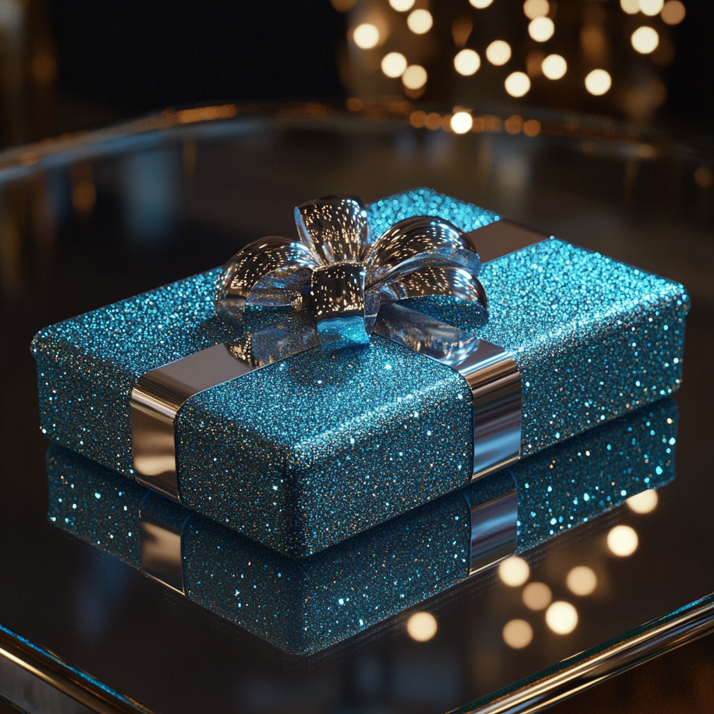 Une boîte cadeau bleue avec un nœud argenté | Source : Midjourney