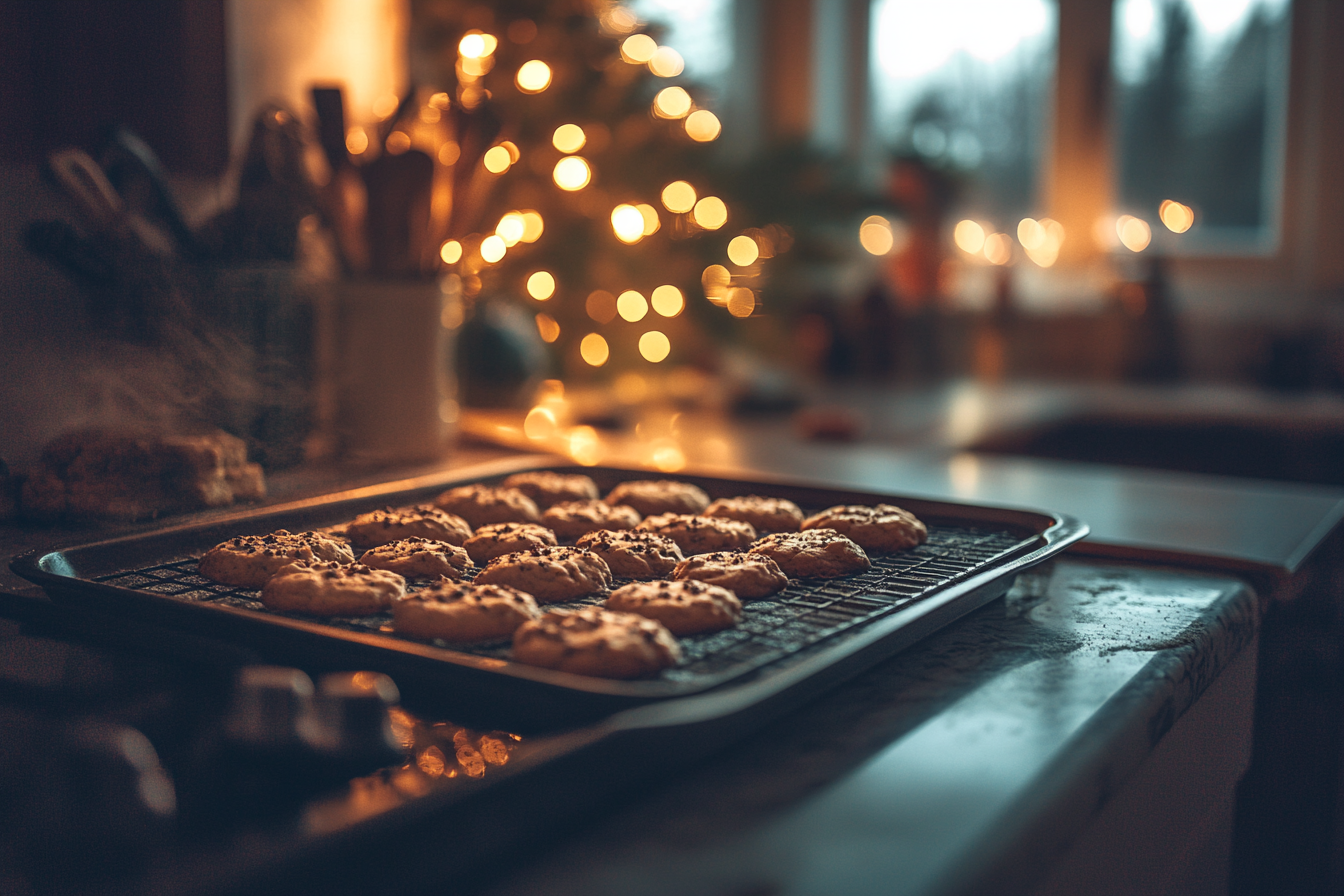 Biscuits aux pépites de chocolat qui cuisent dans une poêle sur le comptoir de la cuisinière à Noël | Source : Midjourney