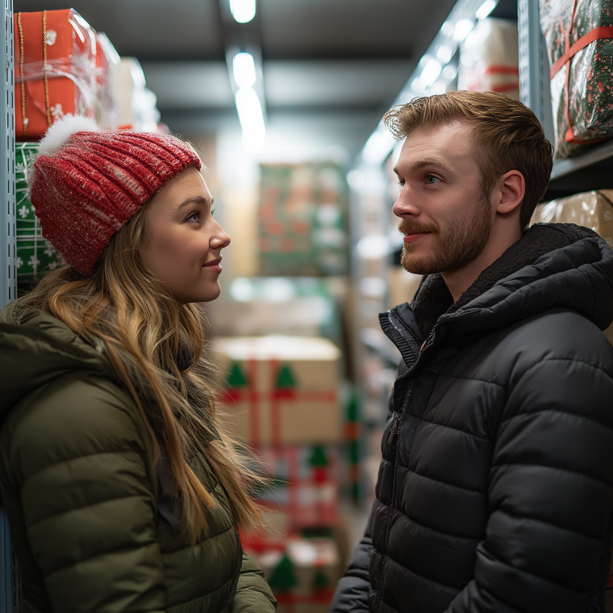 Un couple se tenant dans un entrepôt et discutant | Source : Midjourney