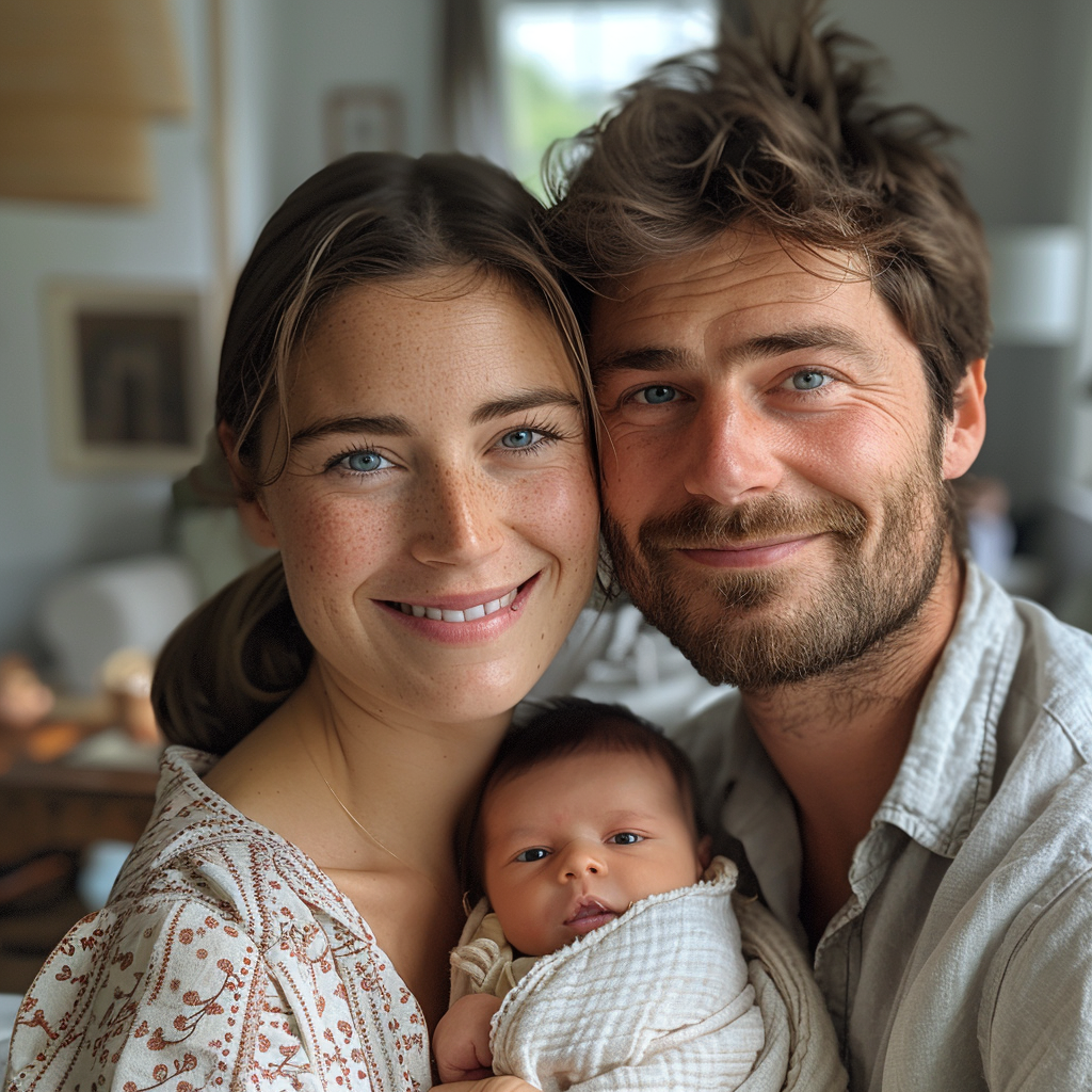 Nina et Mark heureux avec leur bébé | Source : Midjourney