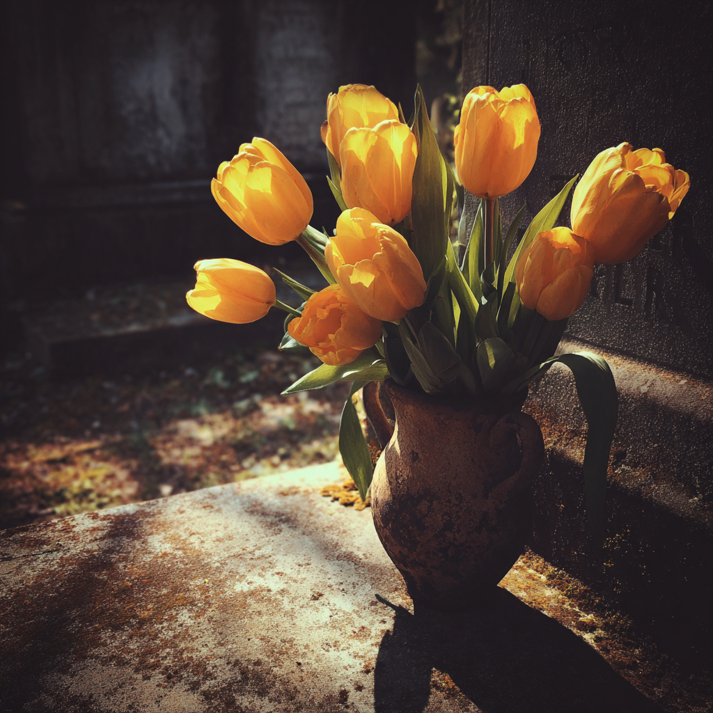 Un vase de tulipes jaunes sur une pierre tombale | Source : Midjourney