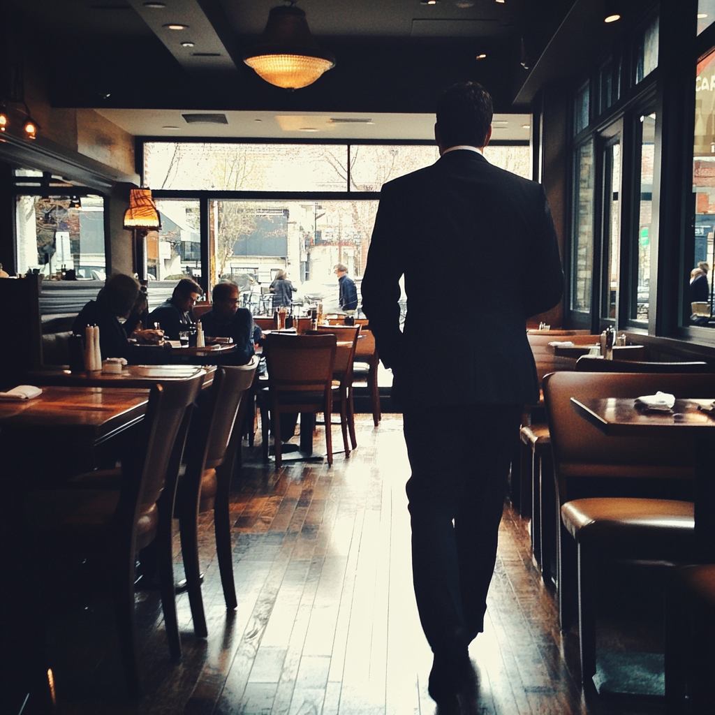 Un homme en costume sortant d'un restaurant | Source : Midjourney