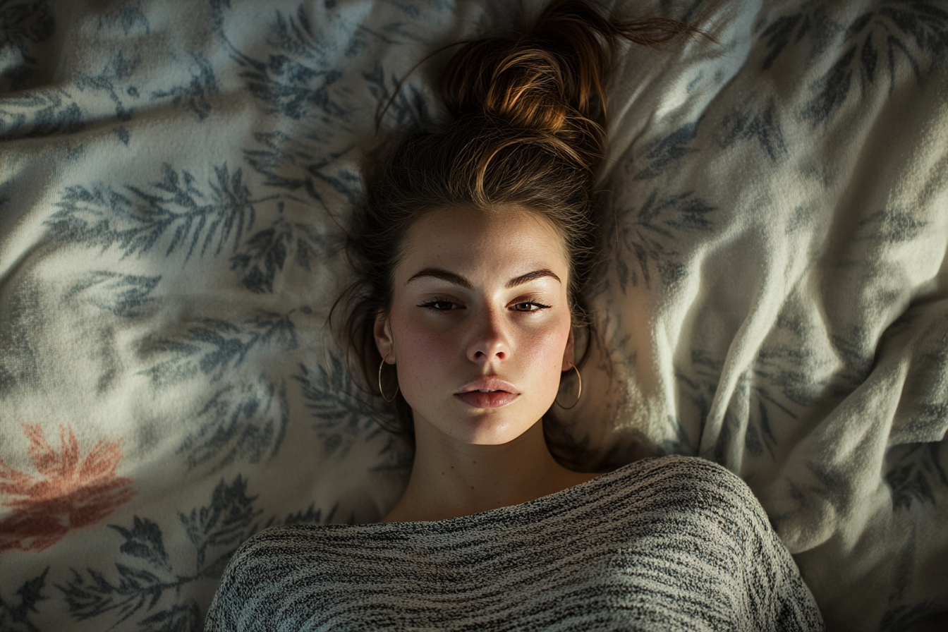 Une femme d'une trentaine d'années se réveille en clignant des yeux le matin dans son lit | Source : Midjourney