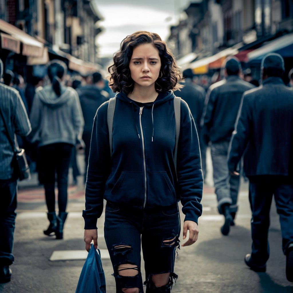 Une femme marchant dans une rue animée, l'air déconfit | Source : Midjourney