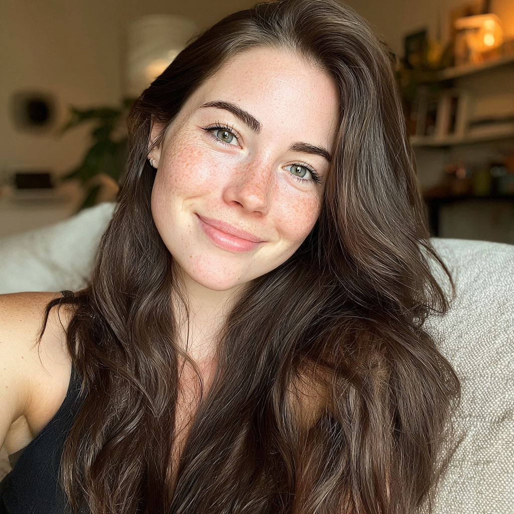 Une femme souriante assise sur un canapé | Source : Midjourney