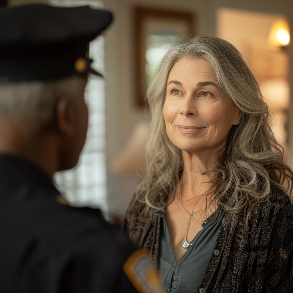 Une femme d'âge moyen avec un agent de police à la maison | Source : Midjourney