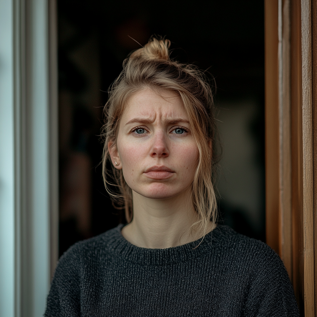 A tired and sleepless woman standing in front of a house's door | Source: Midjourney