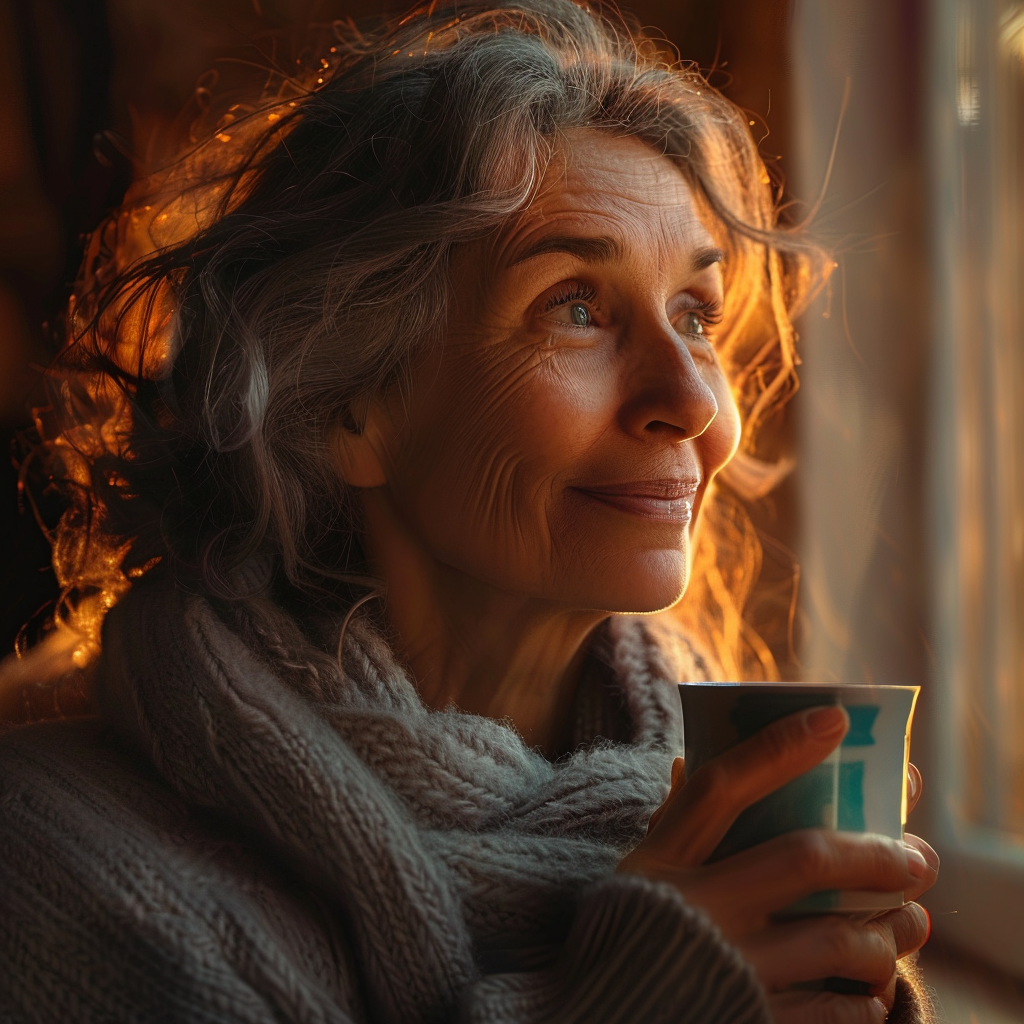 Vue de côté d'une femme âgée tenant une tasse de café et souriant | Source : Midjourney