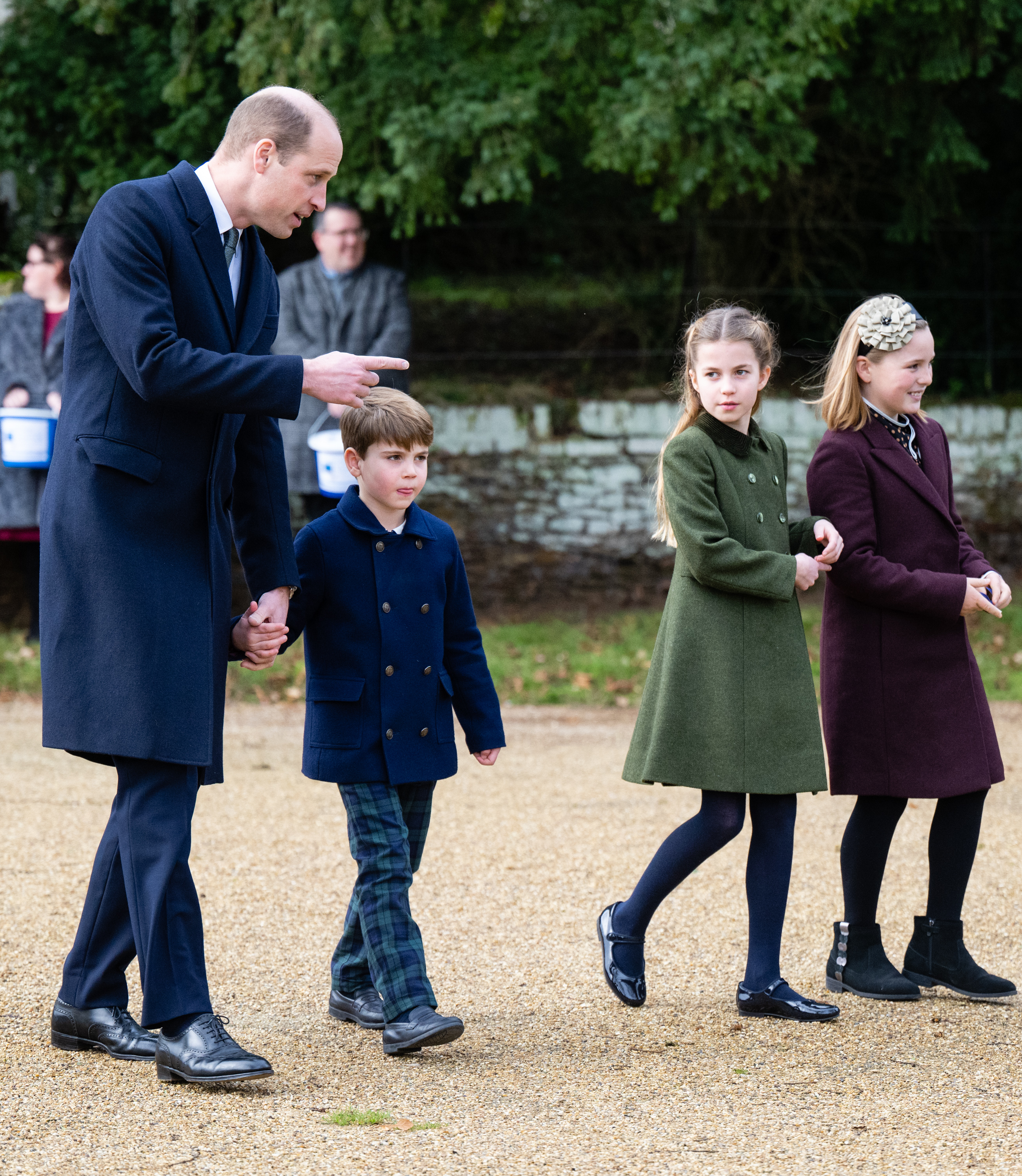 Le prince William, le prince Louis, la princesse Charlotte et Mia Tindall lors de l'office du matin de Noël à l'église de Sandringham, dans le Norfolk, le 25 décembre 2023 | Source : Getty Images