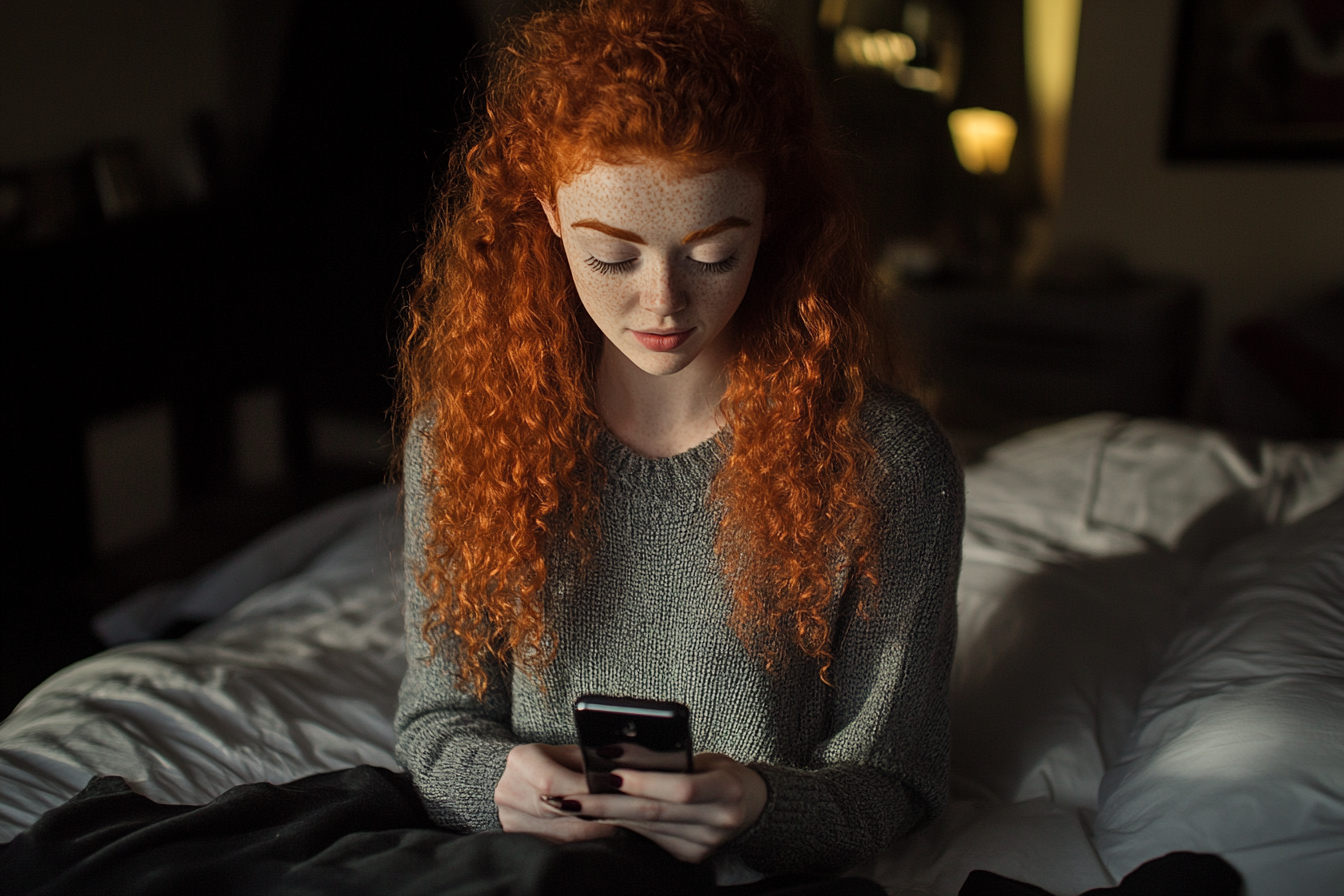 Une femme regardant un téléphone dans une chambre à coucher | Source : Midjourney