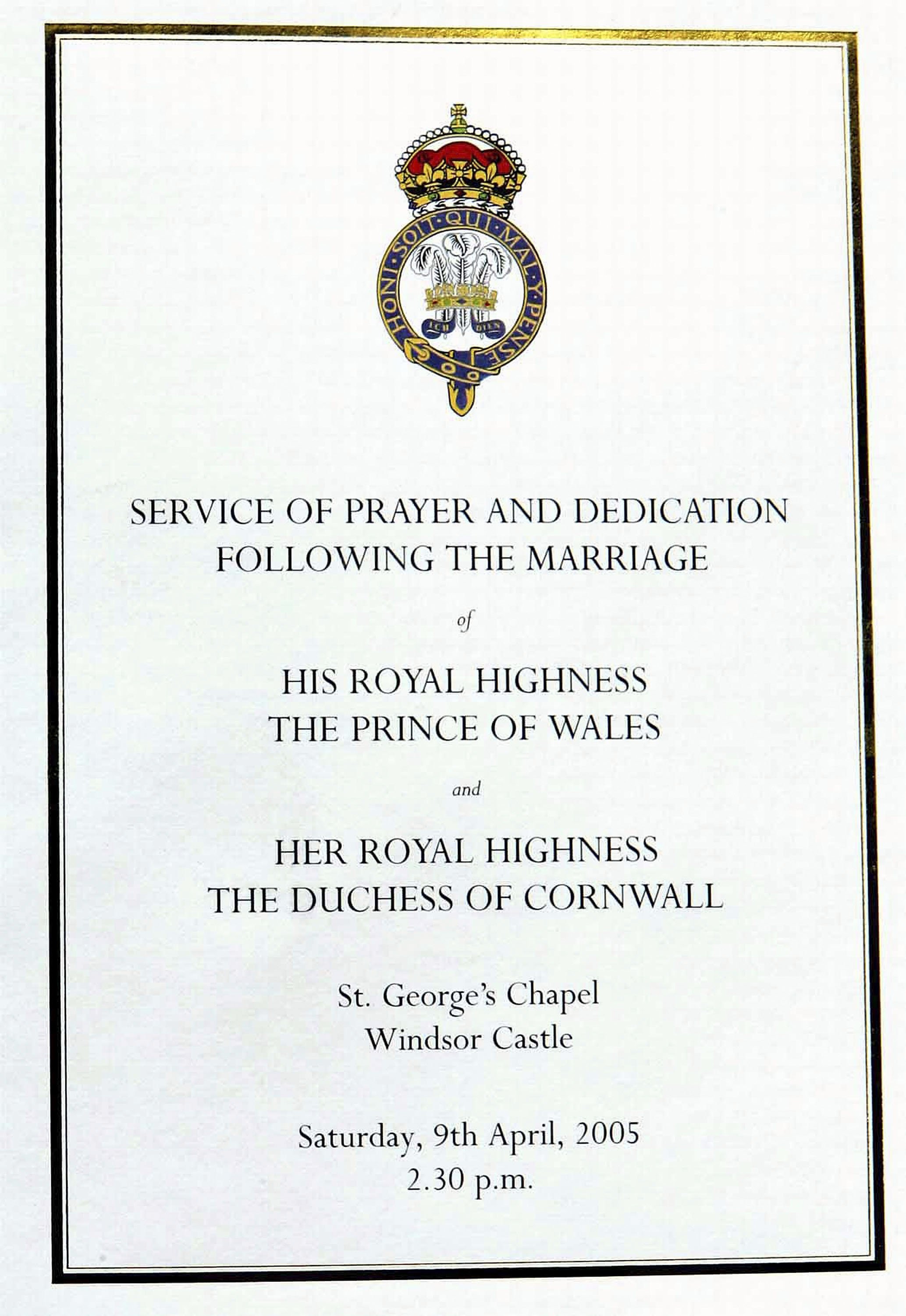 Le programme officiel du service de prière et de dédicace pour TRH Prince Charles, le Prince de Galles, et Camilla, la Duchesse de Cornouailles, bénissant leur mariage au Château de Windsor le 9 avril 2005 à Berkshire, Angleterre | Source : Getty Images
