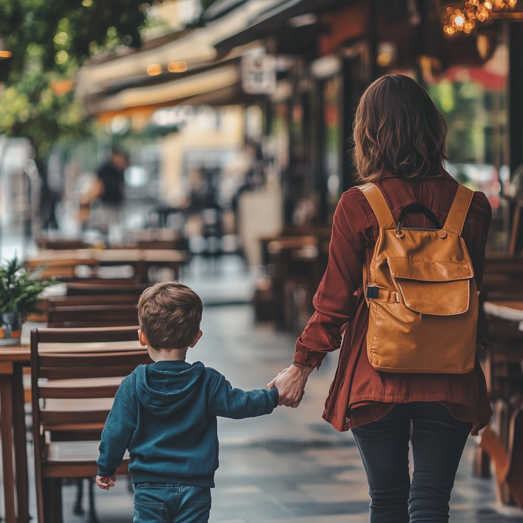 Mère et fils marchant à l'extérieur d'un restaurant vide | Source : Midjourney