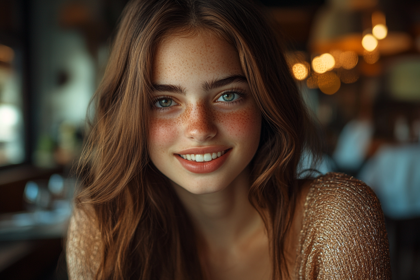 Une femme dans un restaurant, souriante | Source : Midjourney