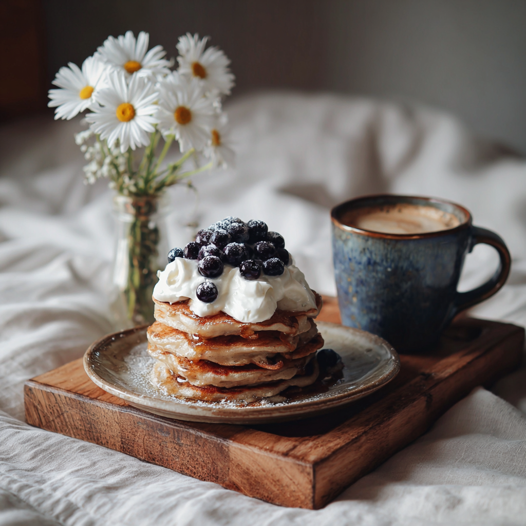 Un plateau de petit-déjeuner composé de crêpes et de café | Source : Midjourney