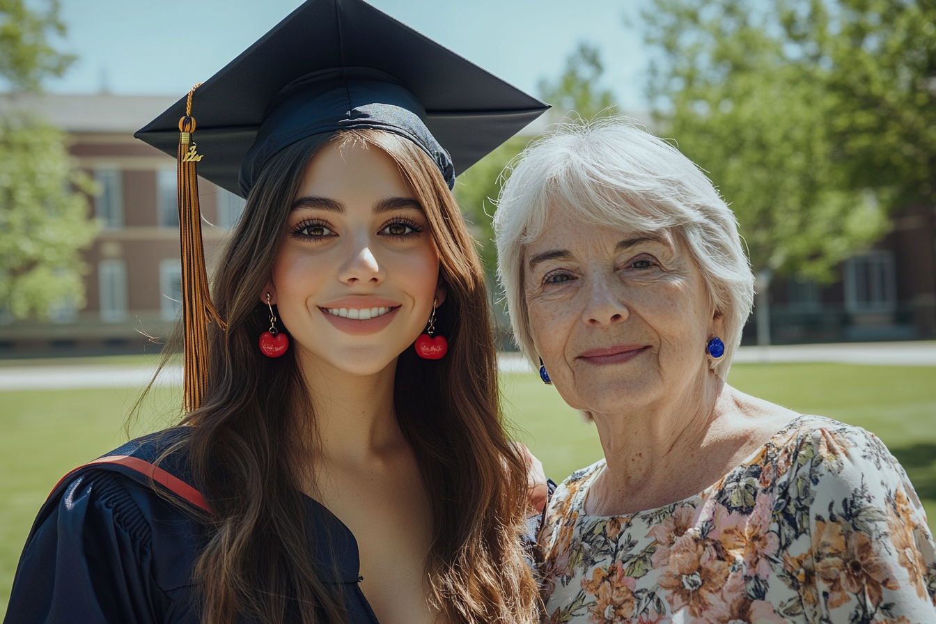 Une femme et sa grand-mère posent joyeusement devant le campus d'un collège lors d'une remise de diplôme | Source : Midjourney