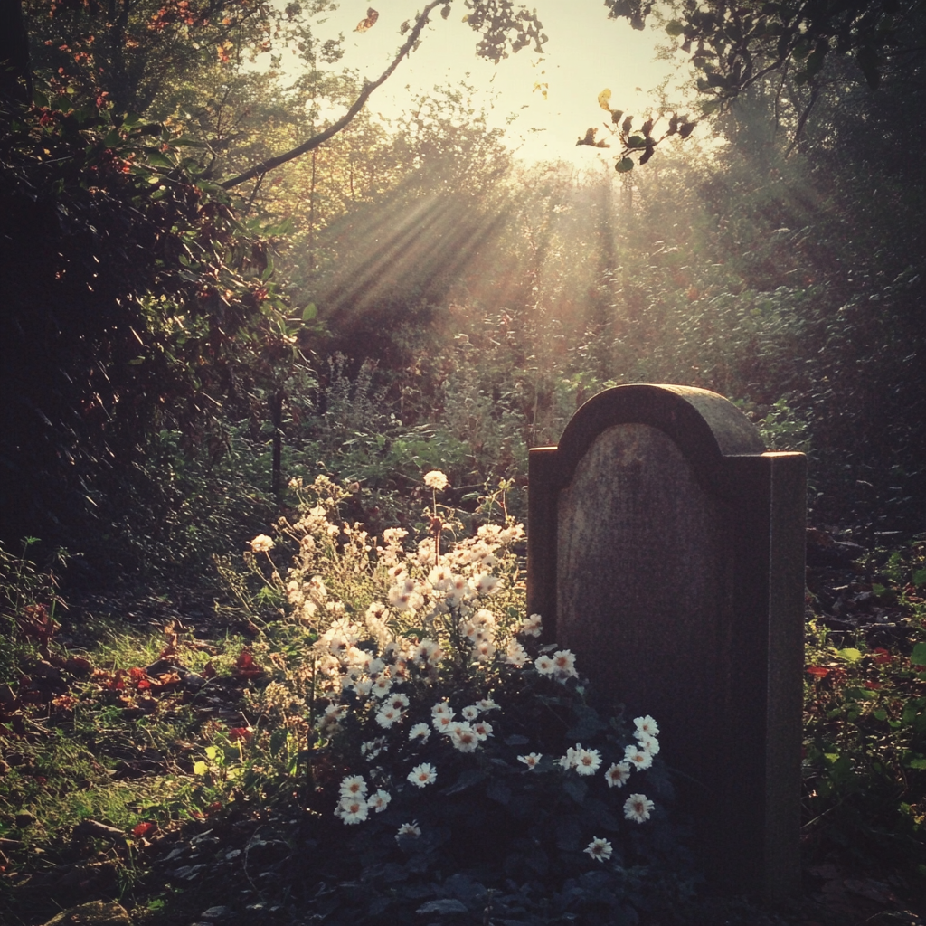 Une pierre tombale avec des fleurs | Source : Midjourney