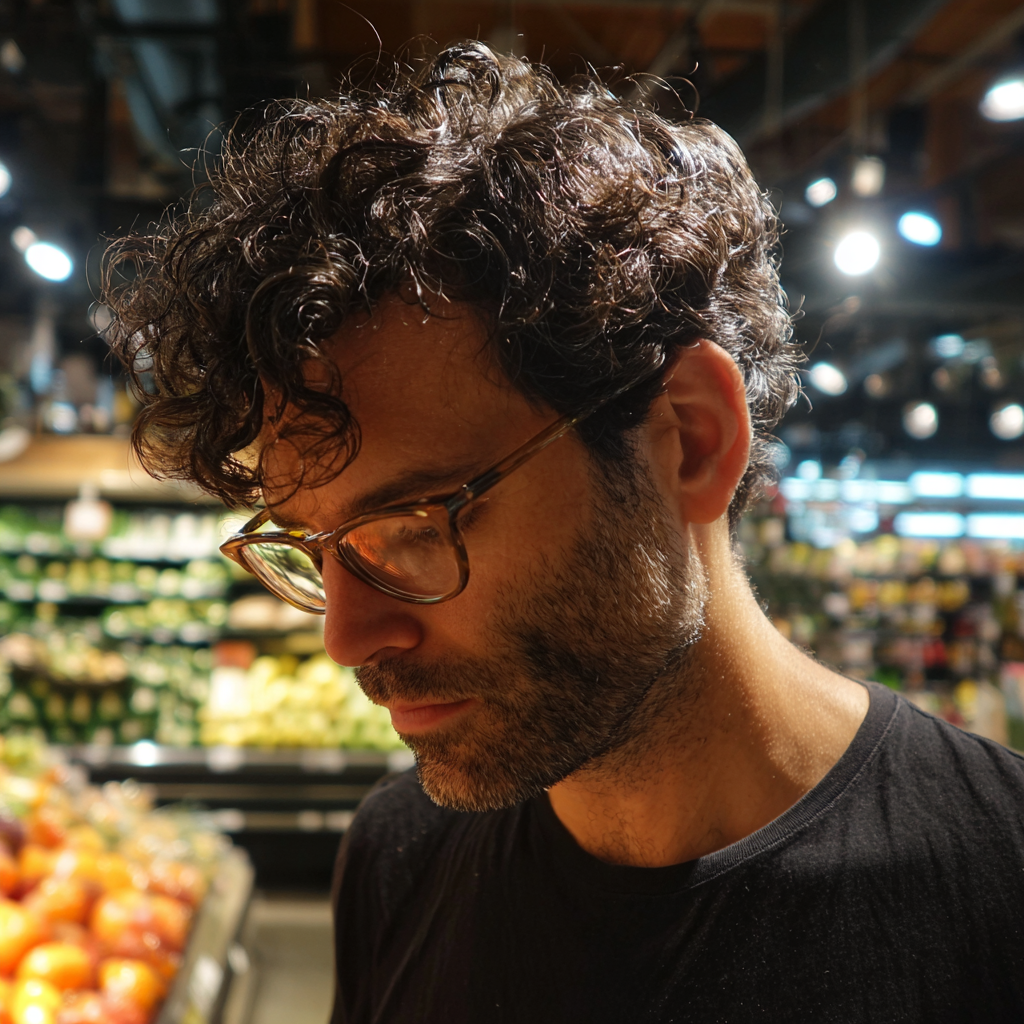 Un homme pensif portant un t-shirt noir | Source : Midjourney