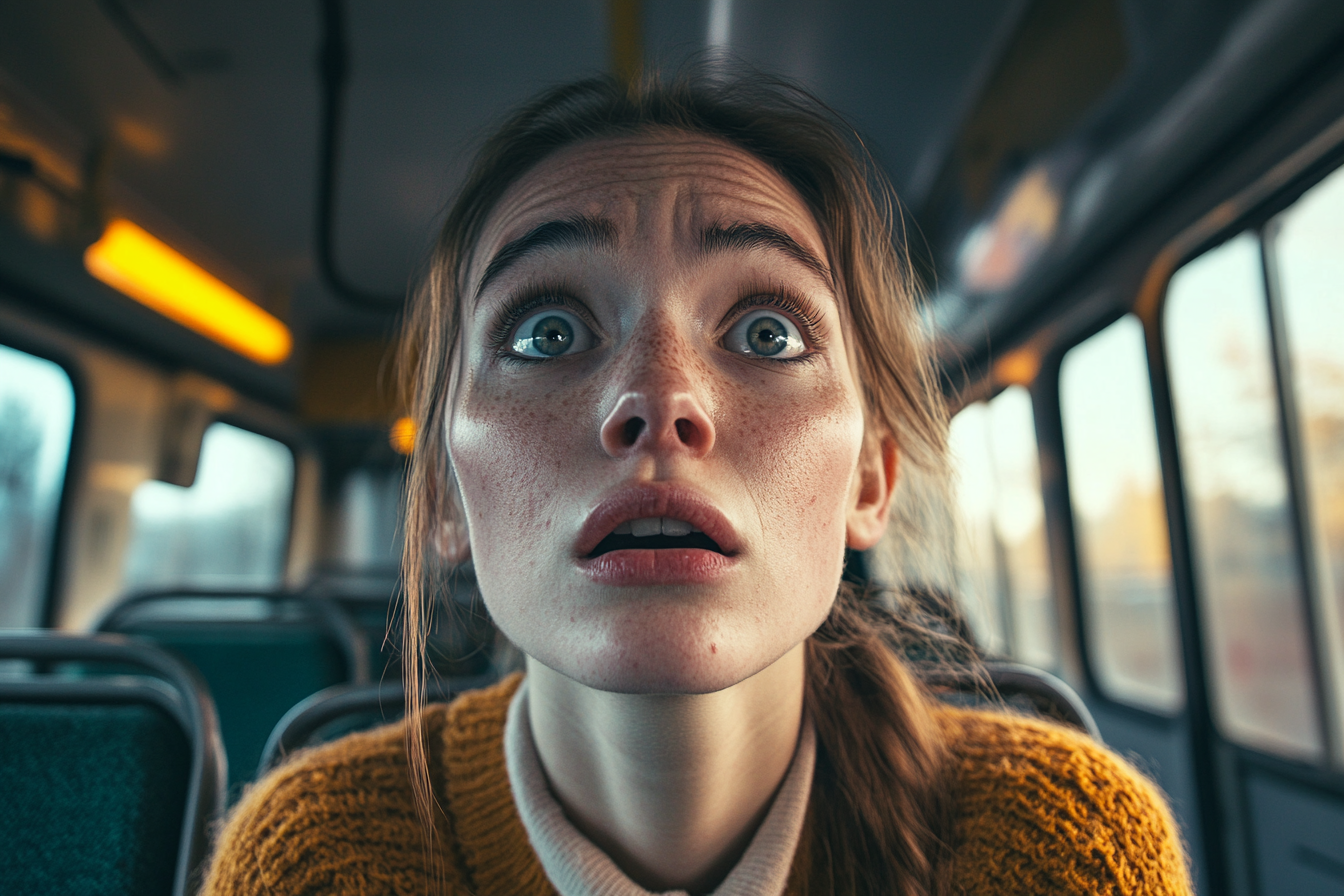 Une femme effrayée dans un bus scolaire | Source : Midjourney