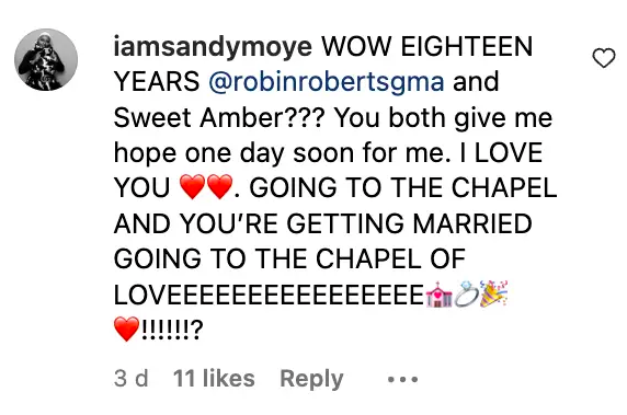 Capture d'écran d'un commentaire parlant de l'histoire d'amour de Robin Roberts posté le 8 septembre 2023 | Source : Instagram/robinrobertsgma