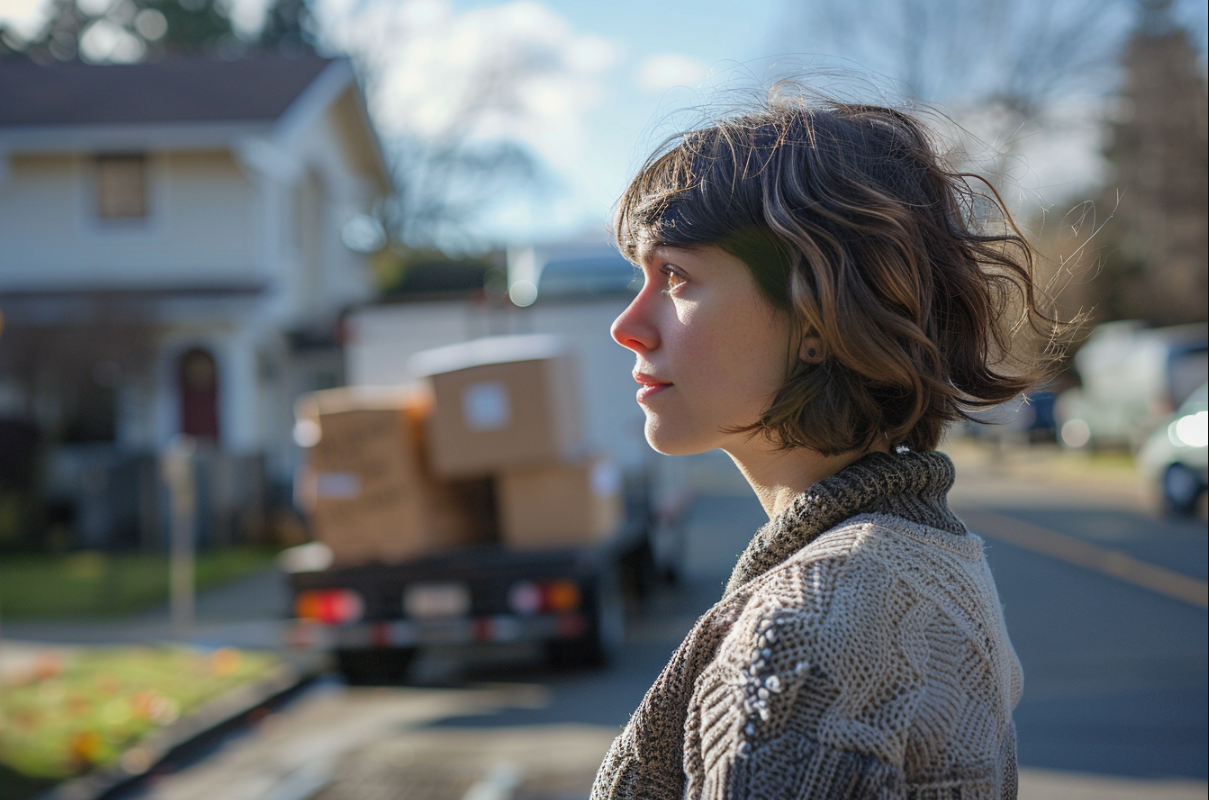 Une femme debout dans une rue tranquille de banlieue | Source : Midjourney