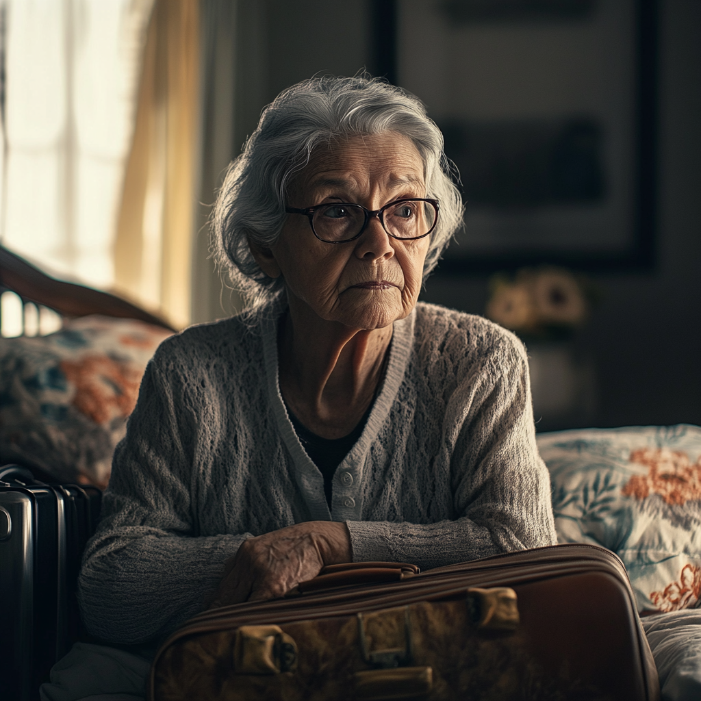 Une femme âgée triste reposant ses mains sur des valises emballées | Source : Midjourney