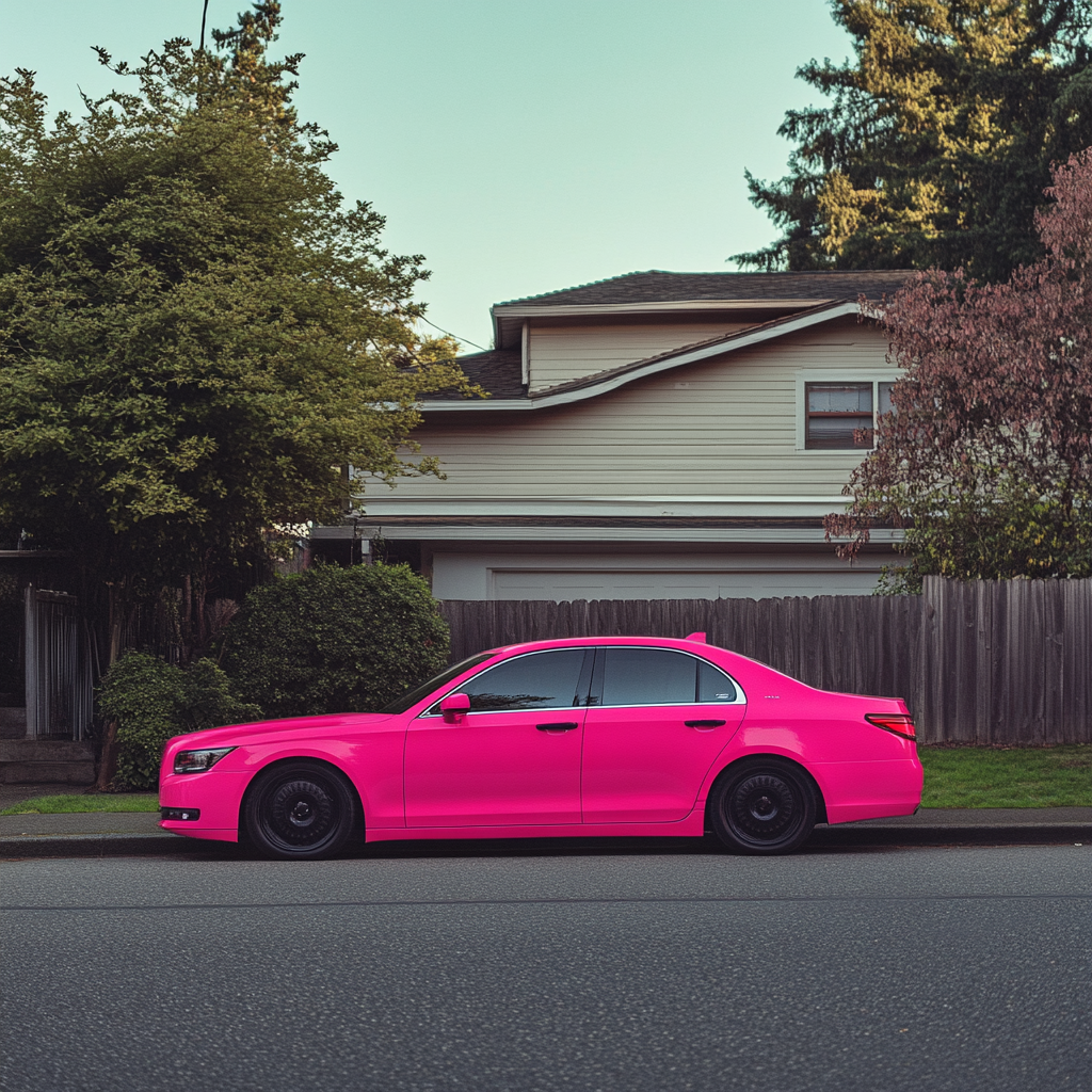 Une voiture rose garée devant une maison | Source : Midjourney