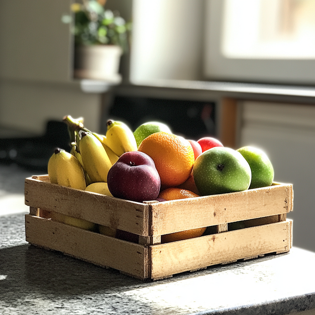 Une caisse de fruits frais sur un comptoir de cuisine | Source : Midjourney