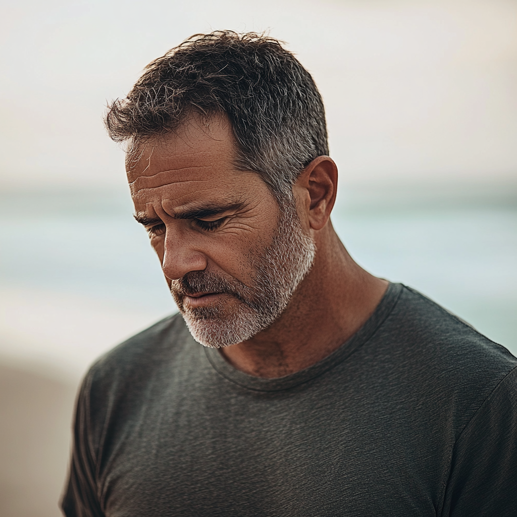 Un homme triste à la plage | Source : Midjourney