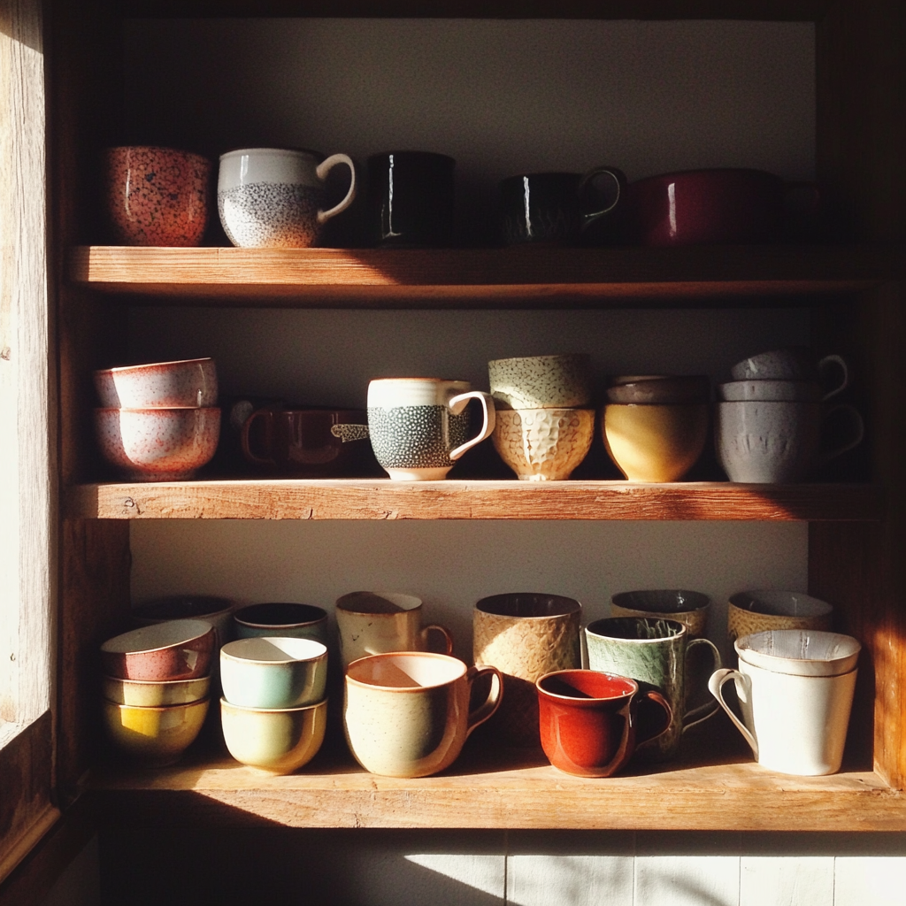 Une étagère de mugs dans la cuisine | Source : Midjourney