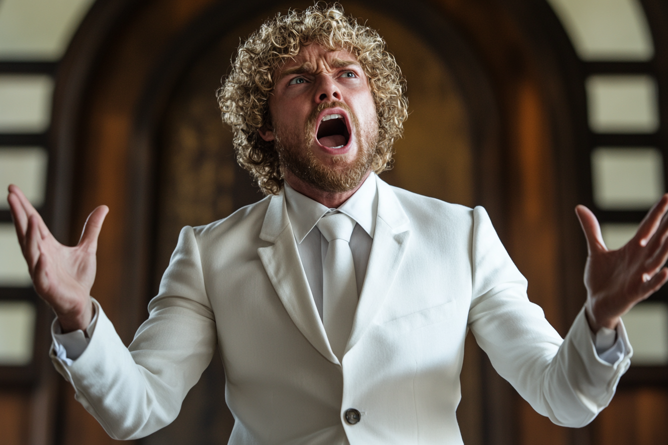 Un homme en costume blanc qui crie dans l'église | Source : Midjourney