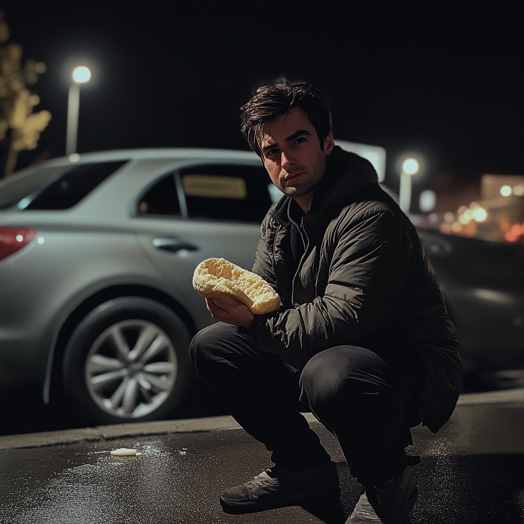 Un homme agenouillé devant une voiture | Source : Midjourney