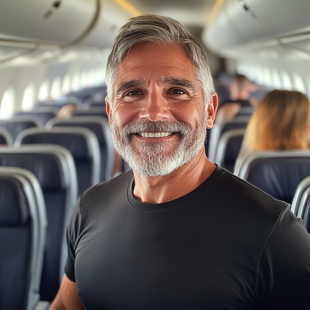 Un homme souriant dans un avion | Source : Midjourney