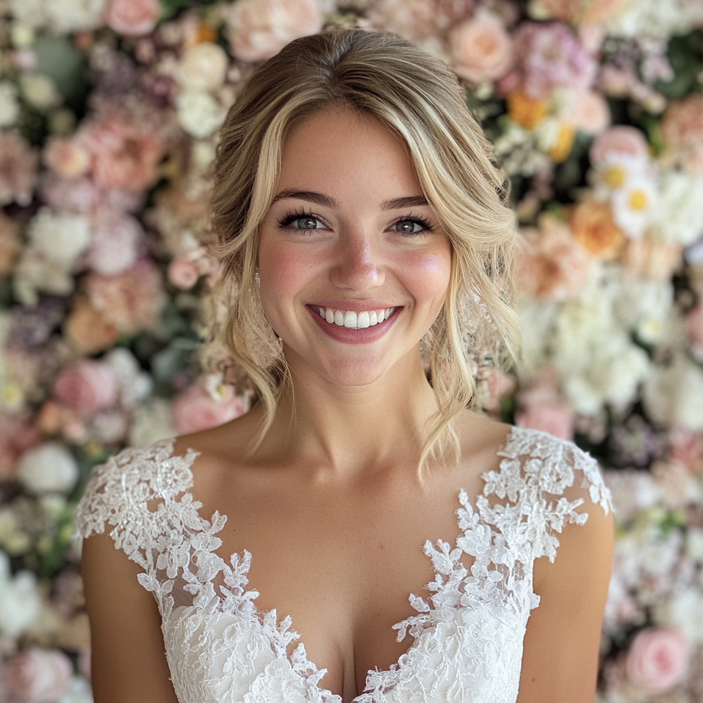 Une mariée debout devant un mur de fleurs | Source : Midjourney
