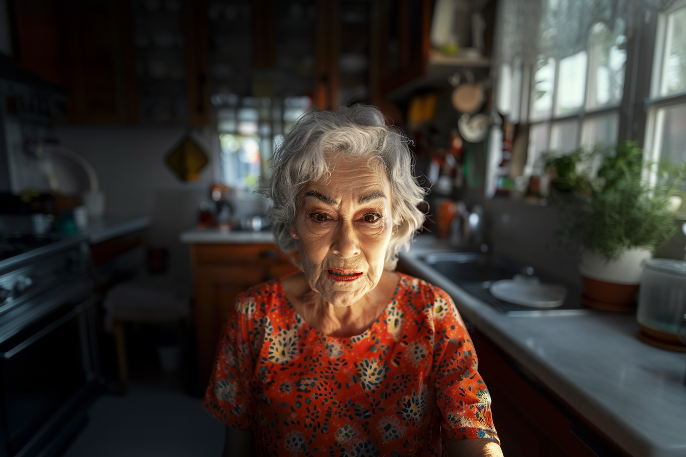 Une femme bouleversée debout dans la cuisine | Source : Midjourney