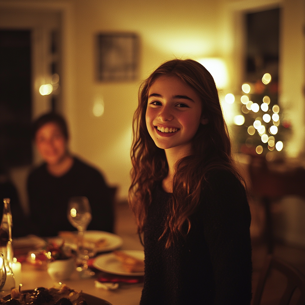 A woman standing up to speak at a dinner table | Source: Midjourney