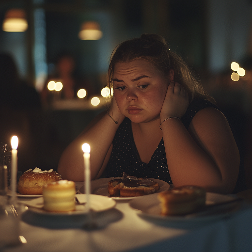 Une femme triste à une table de dîner formel | Source : Midjourney