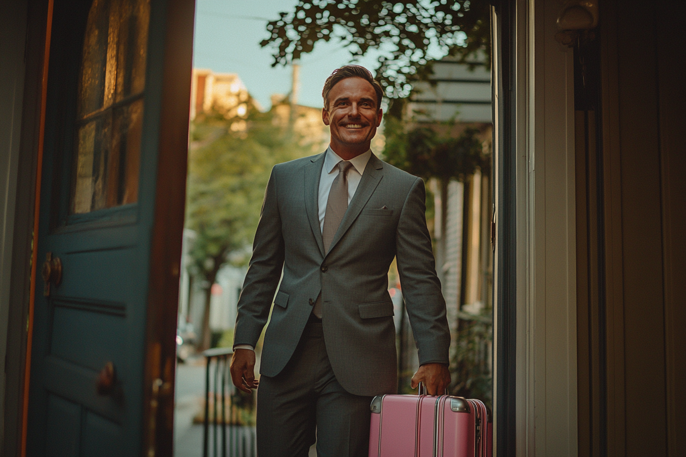 Homme en costume gris sous un porche avec une valise rose | Source : Midjourney