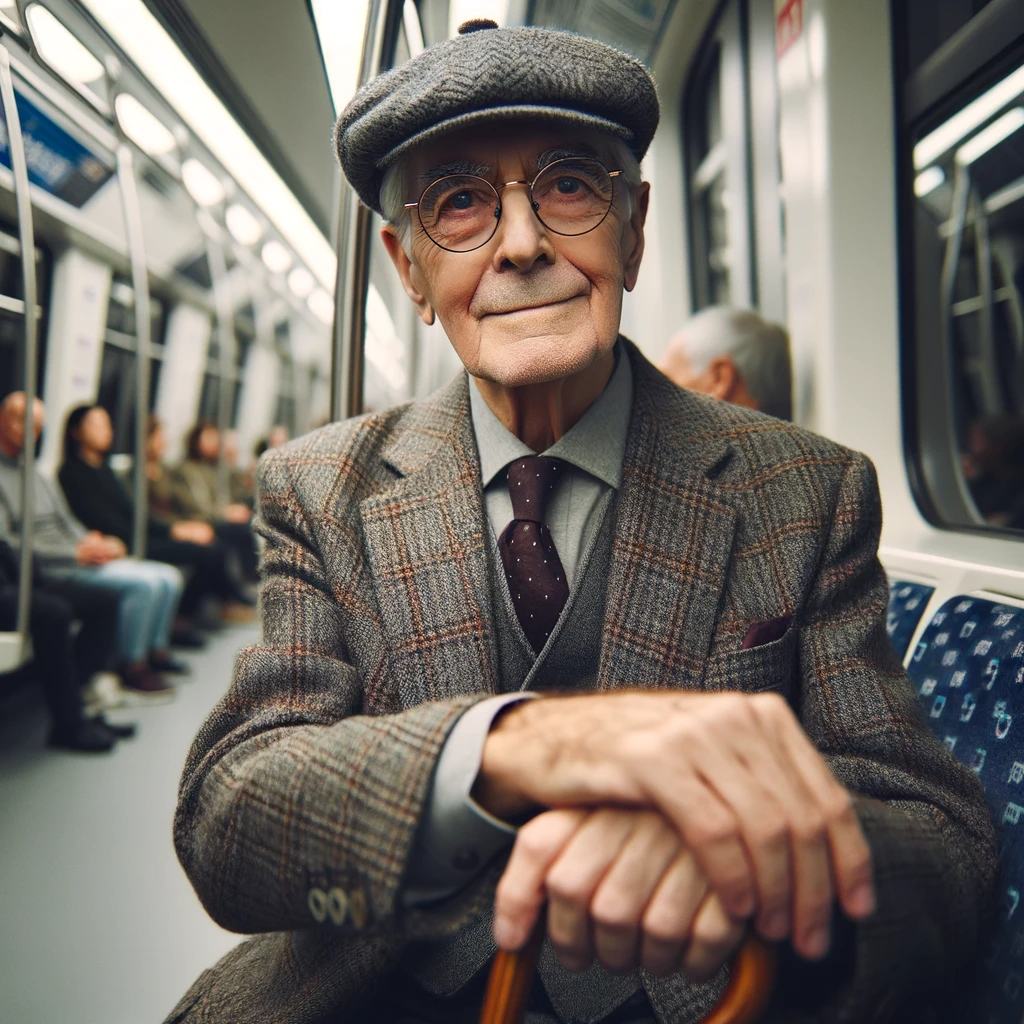 Un homme âgé assis dans une rame de métro via AI | Source : DALL-E