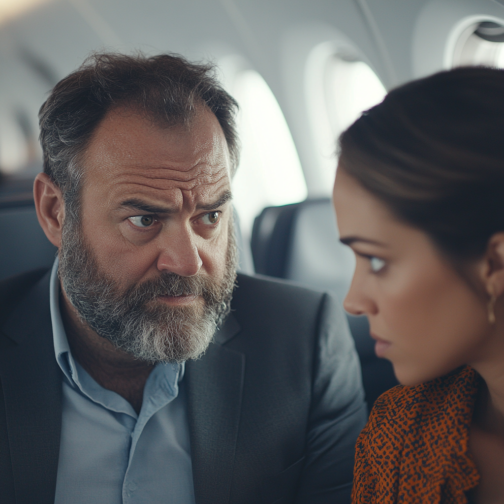 Un homme grincheux qui parle à une hôtesse de l'air | Source : Midjourney