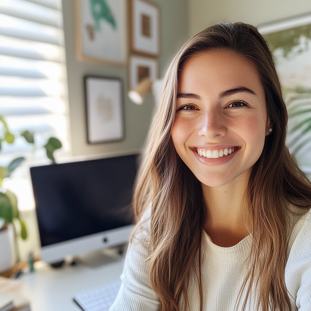 Une jeune femme souriante dans un bureau | Source : Midjourney