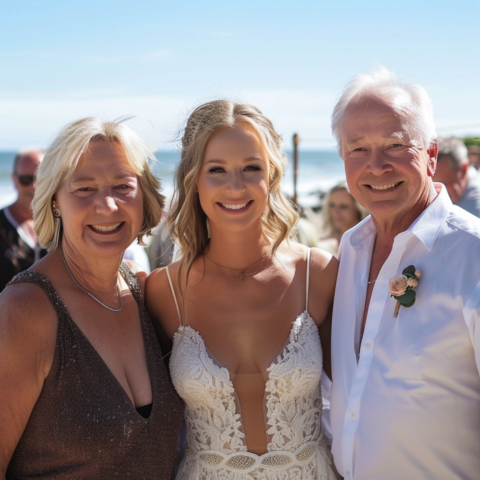 Une mariée pose pour une photo avec ses parents | Source : Midjourney