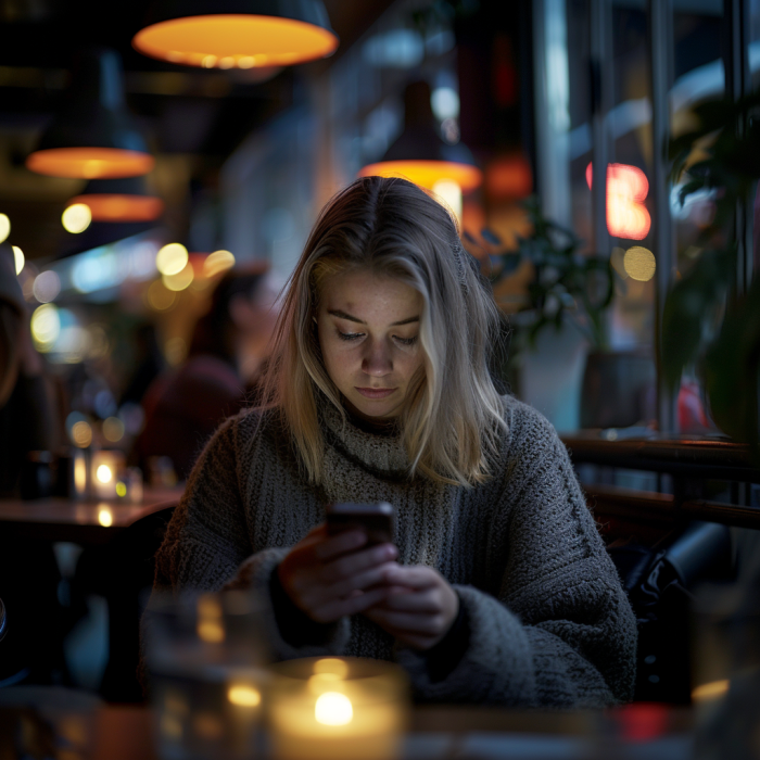 Une femme utilisant son téléphone dans un restaurant | Source : Midjourney