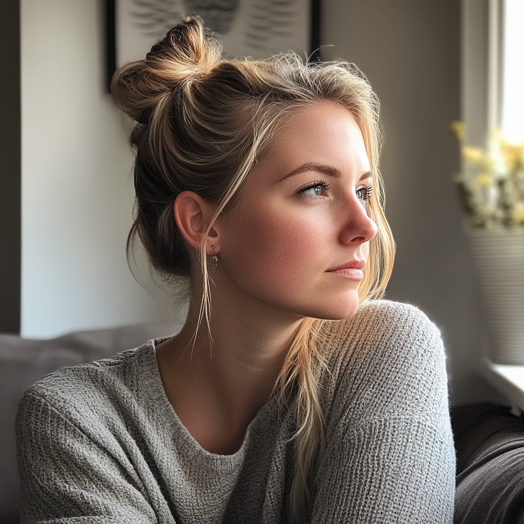 Une femme assise sur un canapé et regardant par la fenêtre | Source : Midjourney